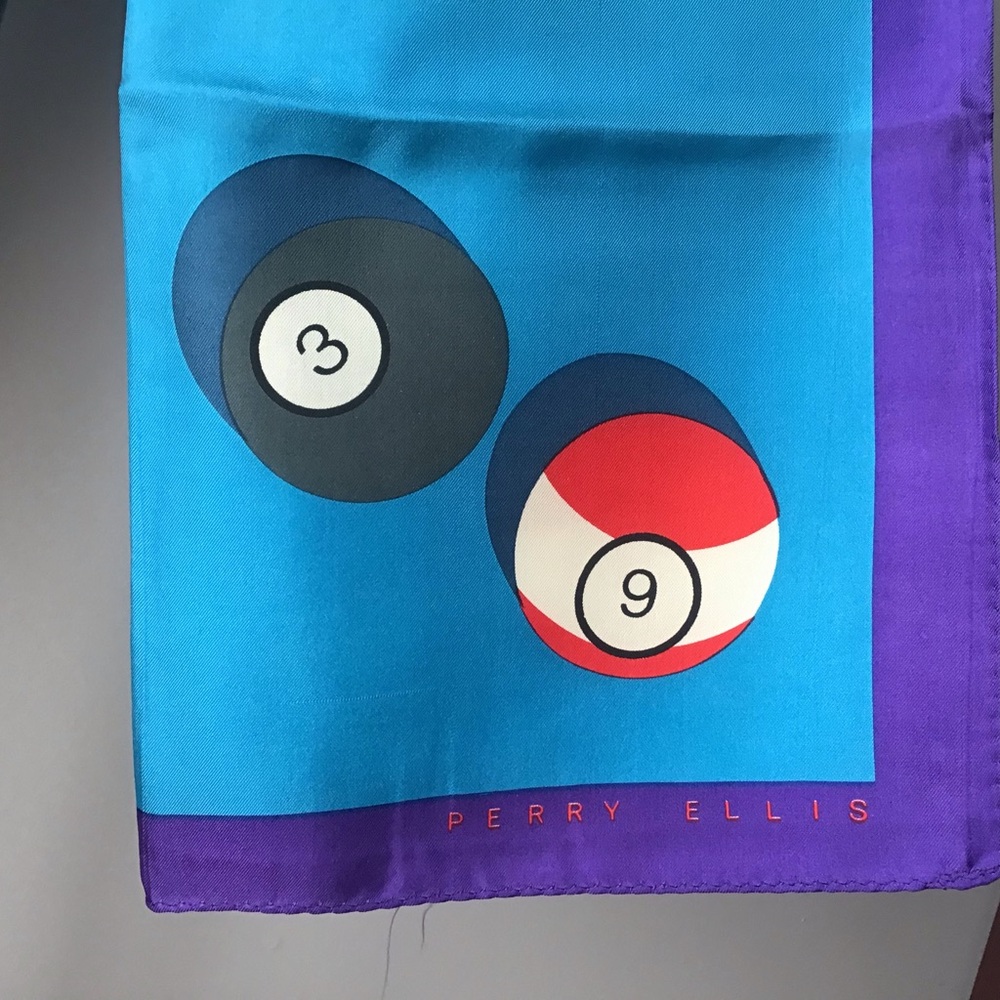 Vintage Perry Ellis Rectangular Blue Silk Scarf Billiard Balls - Picture 4 of 6